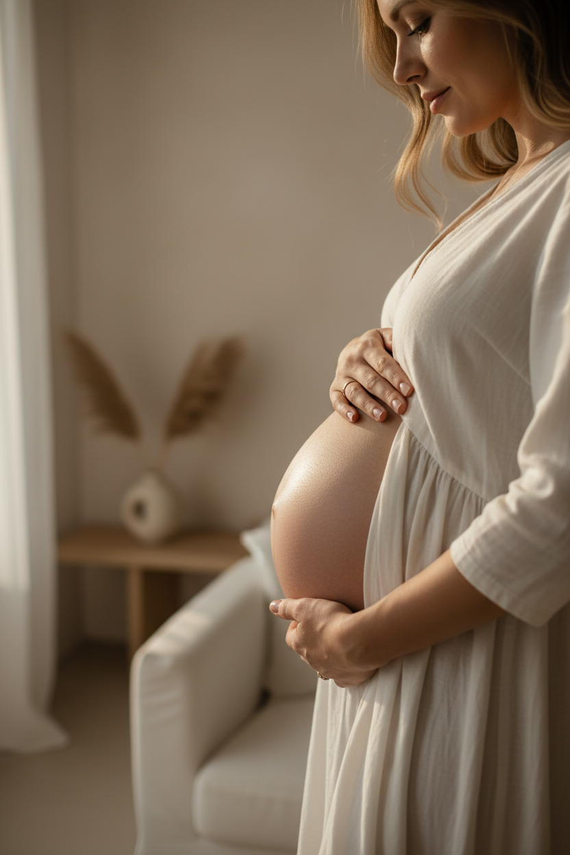 pregnant woman holding her belly in a neutral setting room