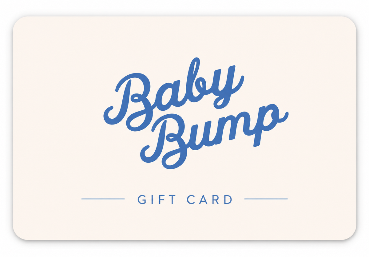 A gift card with rounded corners on a white background. The card is cream-colored with blue text reading 'Baby Bump' in a cursive font, and 'GIFT CARD' printed below with thin blue horizontal lines on either side.