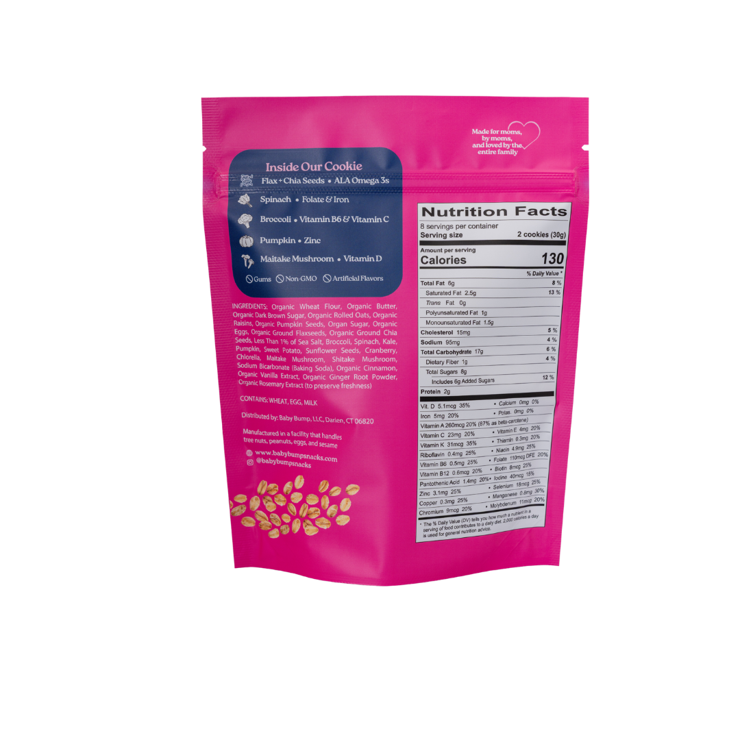 The back of a Oatmeal Raisin Baby Bump cookies. It's a pink stand-up pouch package, showing the Nutrition Facts panel, ingredients list, and product details.