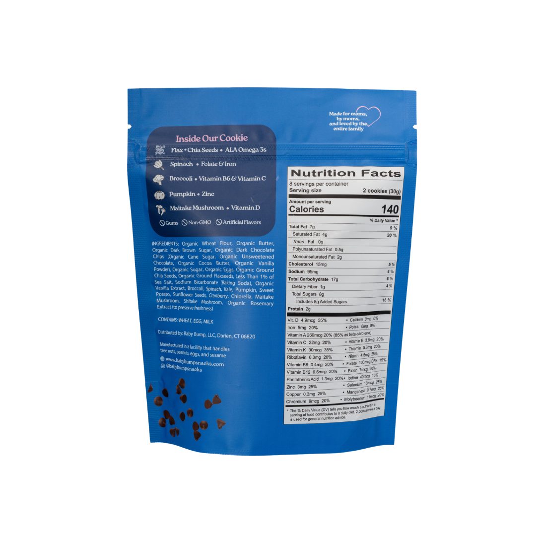 Back of the Baby Bump Chocolate Chip cookie bag, showing the 'Inside Our Cookies' flavor description, ingredients list, nutrition facts.