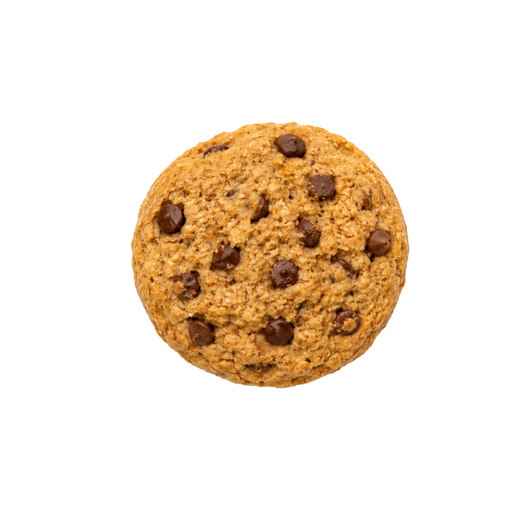 A single chocolate chip cookie photographed from directly above on a plain white background.