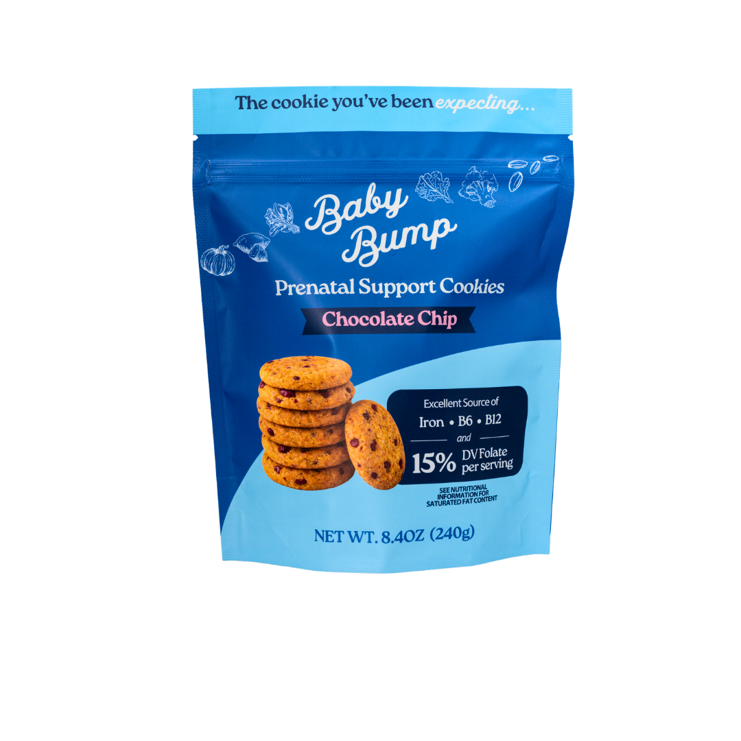 A stand-up pouch of Baby Bump Prenatal Support Cookies in Chocolate Chip flavor. The packaging is dark blue on top and light blue on the bottom, featuring an image of chocolate chip cookies and product details.