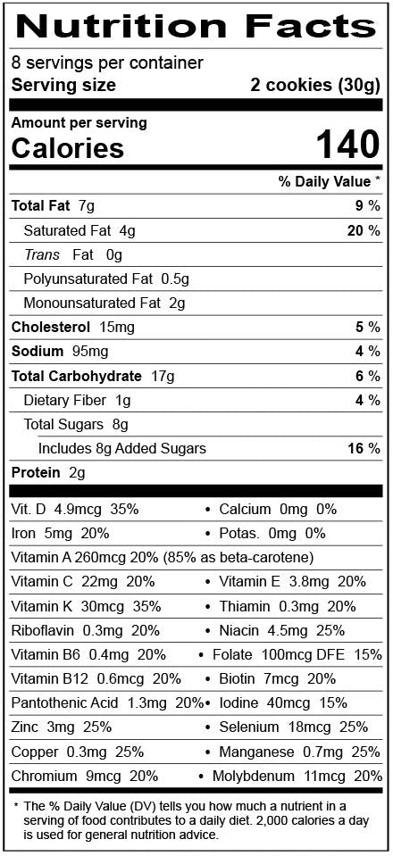 A Nutrition Facts label for a chocolate chip pretzel cookie, showing 8 servings per container, 140 calories, and a detailed list of nutrients and ingredients on a white background.