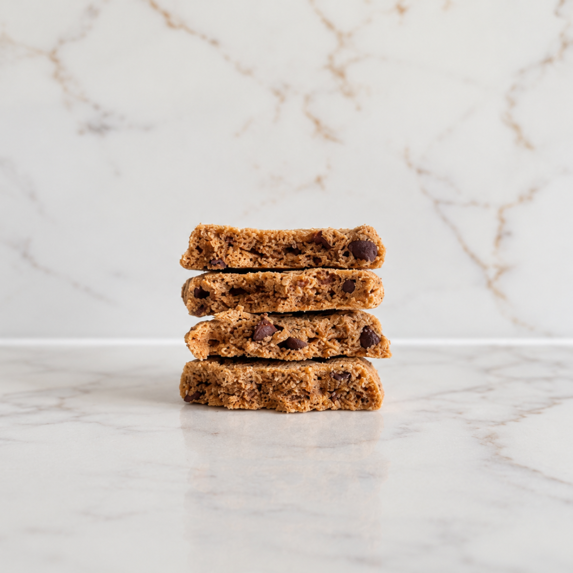 Four stacked chocolate chip cookies on a white marble surface with a matching marble background.