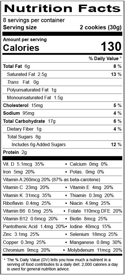 A Nutrition Facts label for a oatmeal raisin baby bump cookie bag showing 8 servings per container, 130 calories, and a detailed list of nutrients.