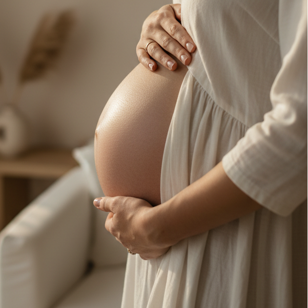 A close-up shot of a pregnant woman in a cream-colored dress cradling her baby bump in a softly lit, modern room.